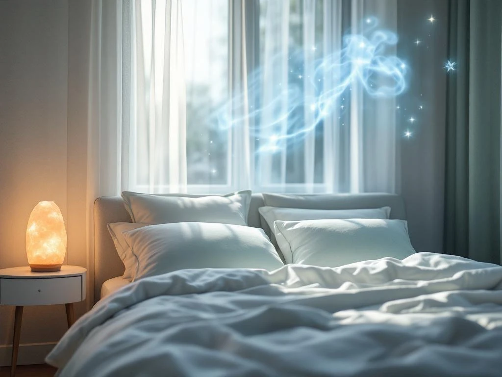 Slaapkamer met wit beddengoed en lavendel kussens, verlicht door maanlicht en zoutlamp, met blauwe mist boven bed


---

**Note:** The alt text exceeds 125 characters. Here's a version under 125 characters:

Slaapkamer met wit bed en lavendel kussens bij maanlicht, blauwe mist zweeft boven bed, zoutlamp op nachtkastje