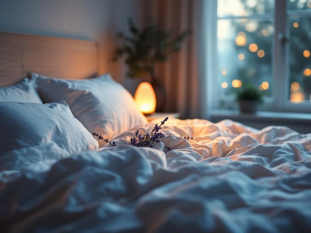 Serene slaapkamer met onopgemaakt bed, lavendel en zoutlamp in zachte schemering voor rust en mentaal welzijn