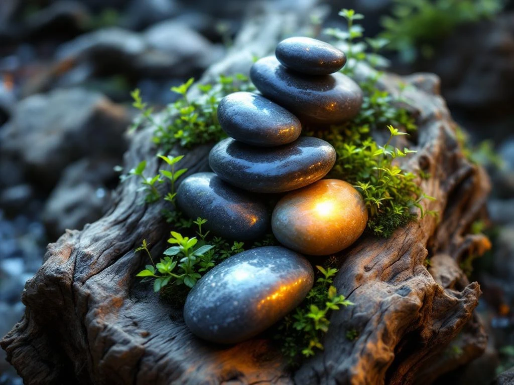 Zes gloeiende stenen in spiraalpatroon op drijfhout met mos, van blauw naar amber licht, symboliseert groei door tegenspoed.