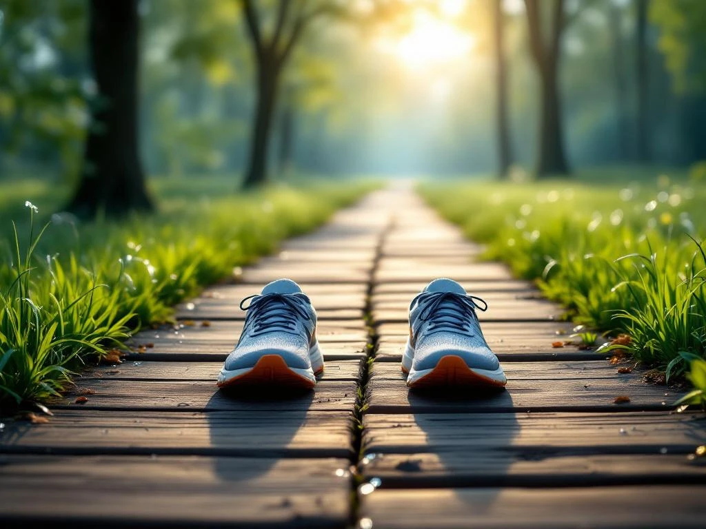 Sportschoenen op houten pad bij kruispunt tussen mistig bos en zonnige weide, ochtendlicht en dauwdruppels