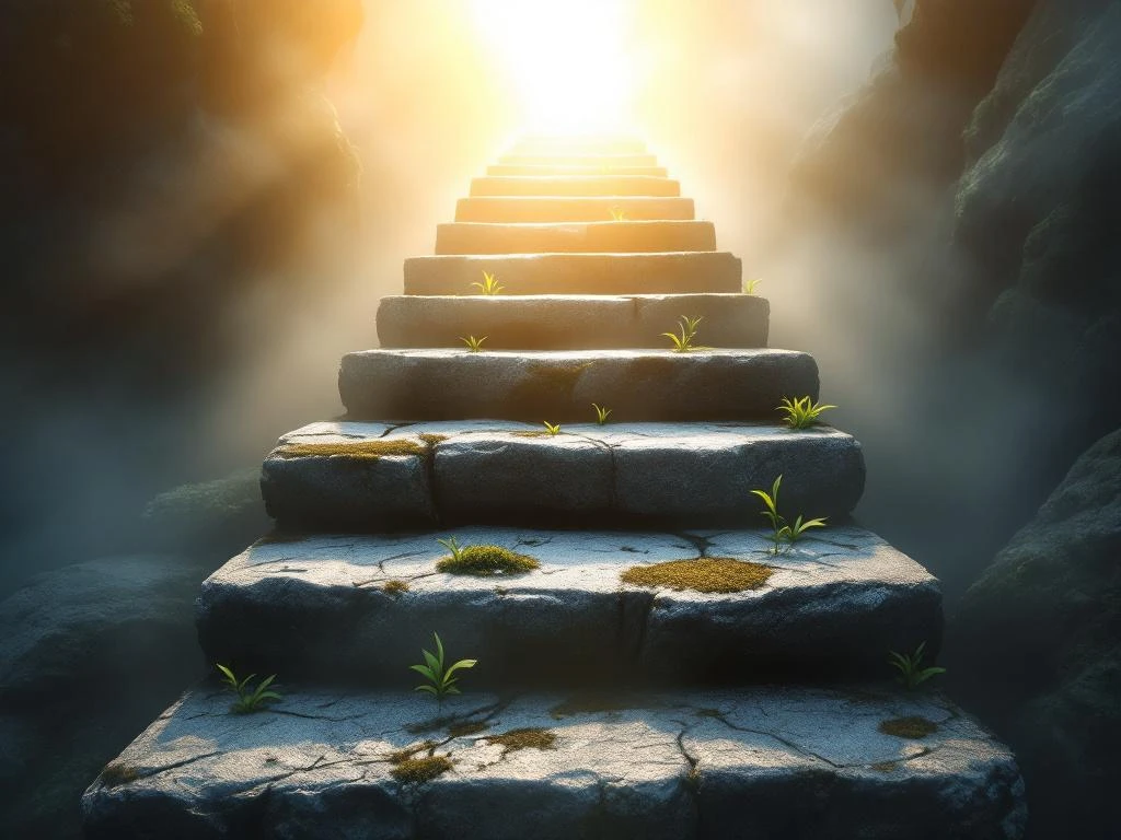 Stenen trap met zeven treden stijgt op uit ochtendmist naar warm zonlicht, met mos en groene scheuten tussen de stenen.