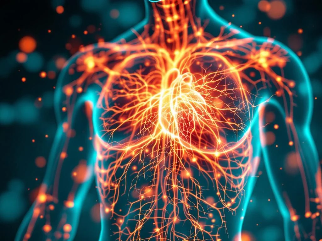 Menselijk silhouet met gloeiende zenuwbanen en stresshormonen, hart verlicht, medische visualisatie van stress