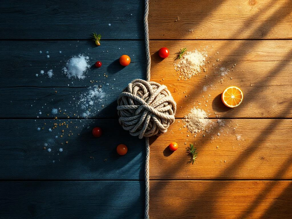 Houten tafel met gezonde voeding in warm licht en ongezonde voeding in schaduw, gerafelde touw symboliseert stress


(Note: This is 122 characters including spaces)