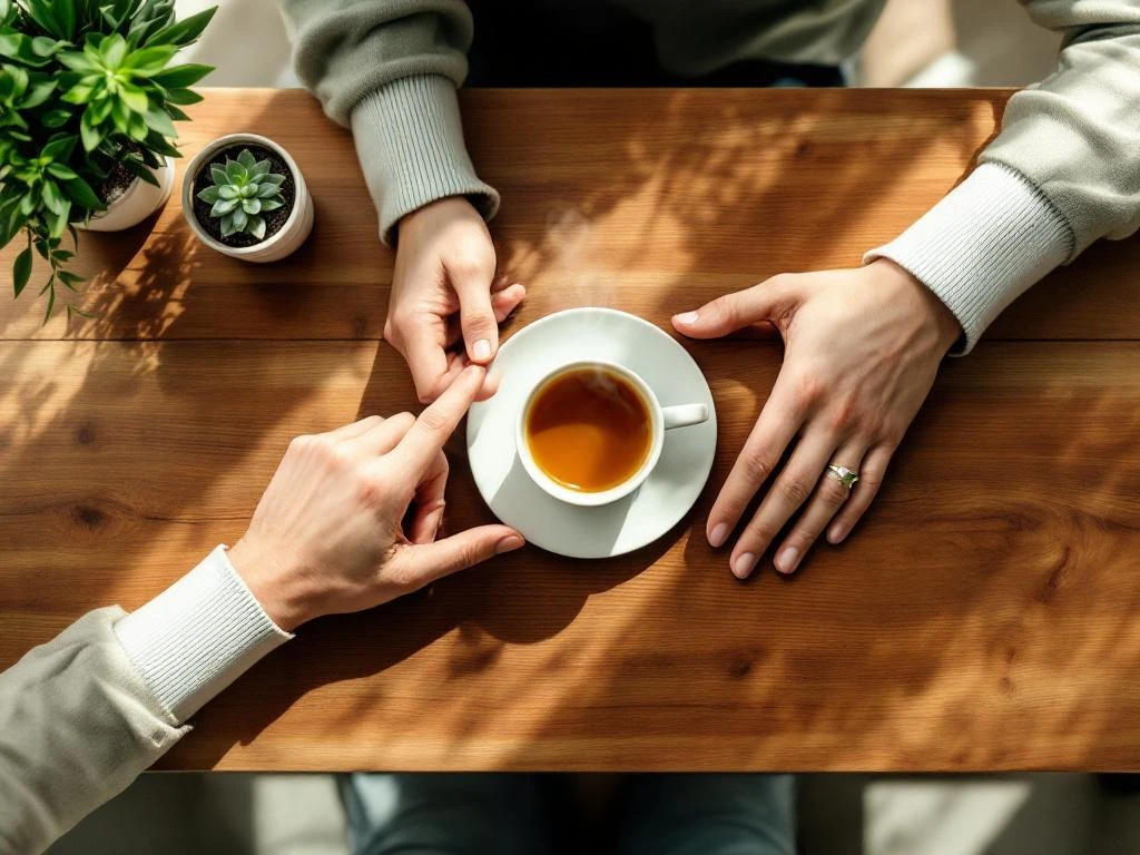Twee paar handen op houten bureau, één gespannen en één geruststellend, met kruidenthee en vetplant