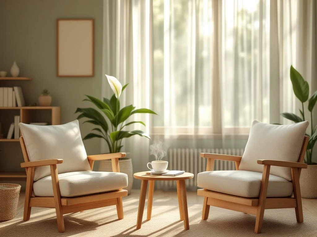 Rustige therapieruimte met twee fauteuils, thee en vredeslelie in natuurlijk licht met groene muren