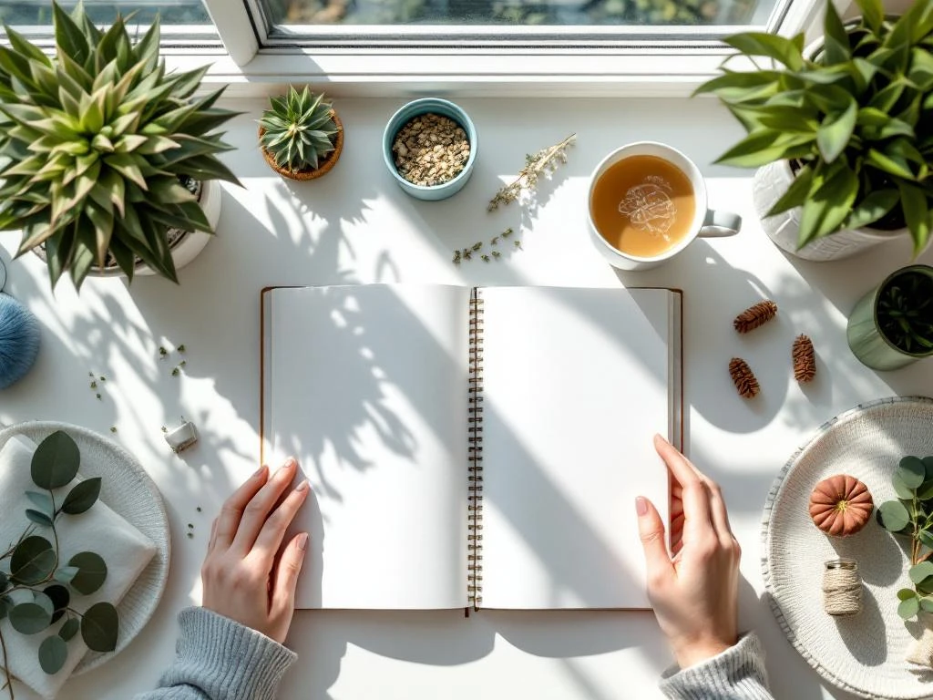 Bovenaanzicht van wit bureau met open dagboek, hersenillustraties, kruidenthee en planten in ochtendlicht