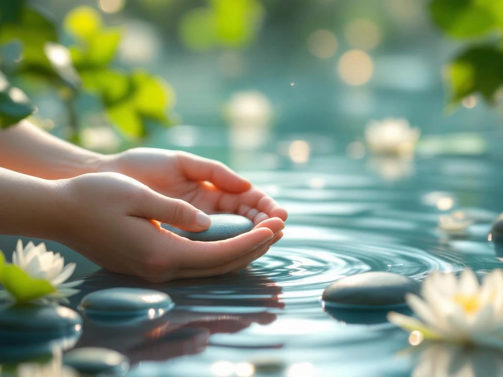 Handen houden rivierstenen in turquoise water met lotusbloemen en groene bladeren bij gouden uur