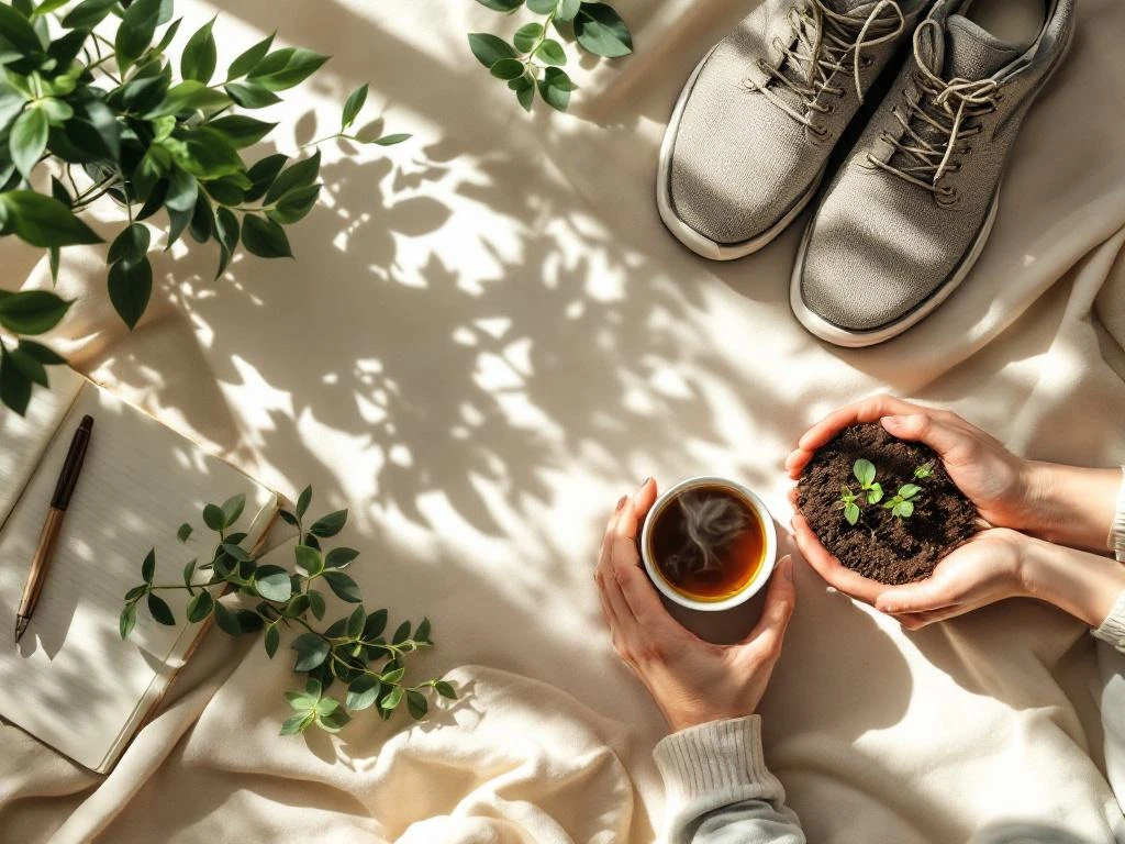 Bovenaanzicht van zes welzijnselementen in cirkel: dagboek, planten, schoenen, thee, kussen en handen met zaailing