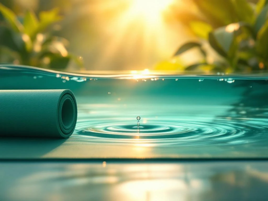 Yoga mat, meditatiekussen en planten in serene compositie met gouden licht en kalme groentinten voor wellness