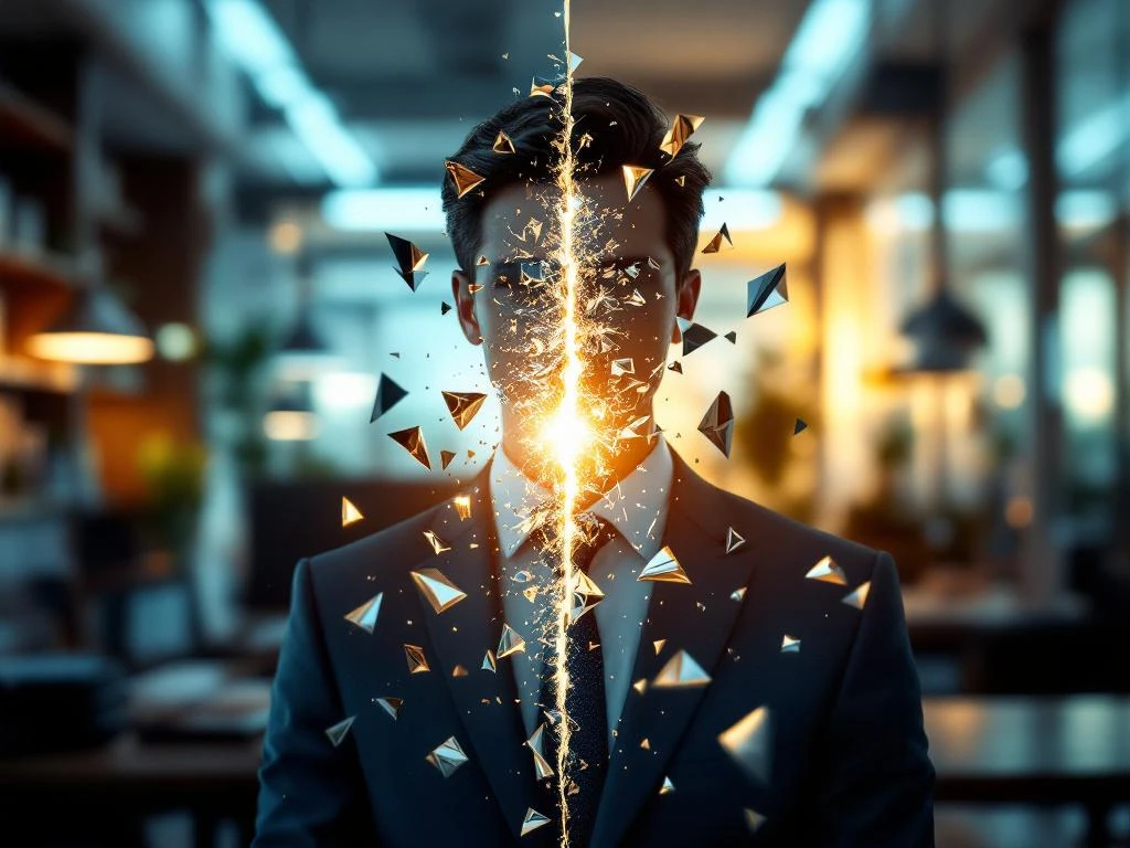 Zakelijk pak fragmenteert in spiegelscherven tussen koud kantoor en warm thuismilieu, symboliseert werk-privébalans


---

Note: This alt text is 121 characters and captures the essential elements while staying within the character limit.