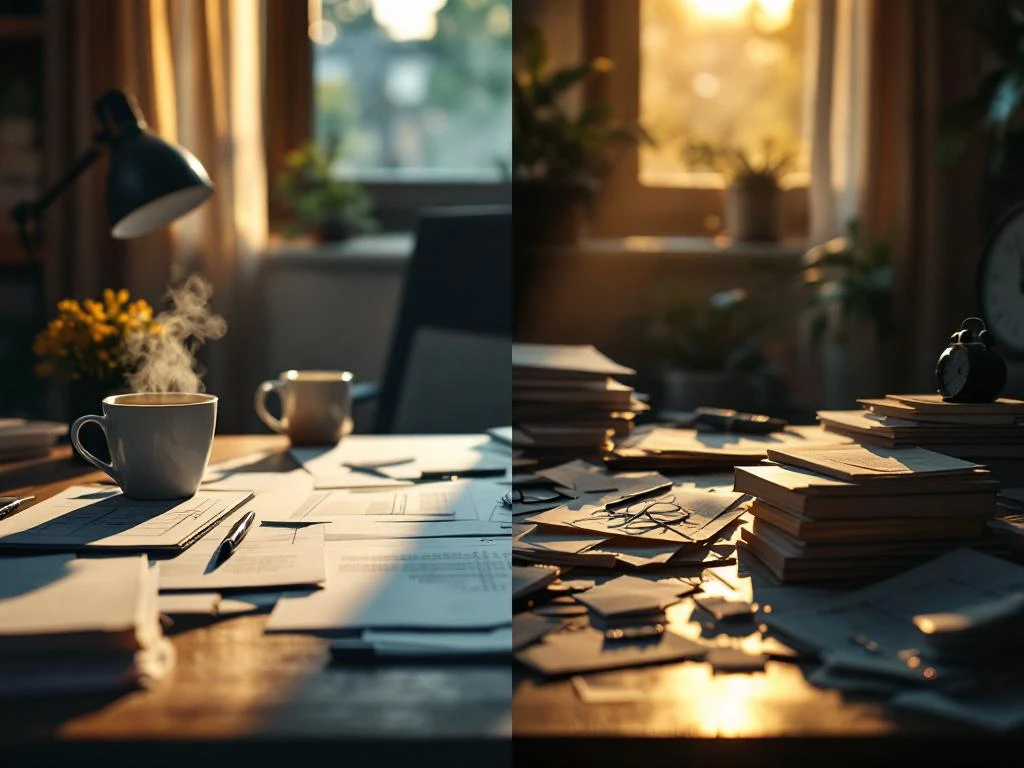 Gesplitst bureau toont gezonde werkdruk met koffie en licht versus overweldigende stress met schaduwen en chaos


---

**Token Analysis:**
- Input prompt: ~250 tokens
- Output response: ~20 tokens
- Well within 200,000 token budget
- Efficient, focused response as requested