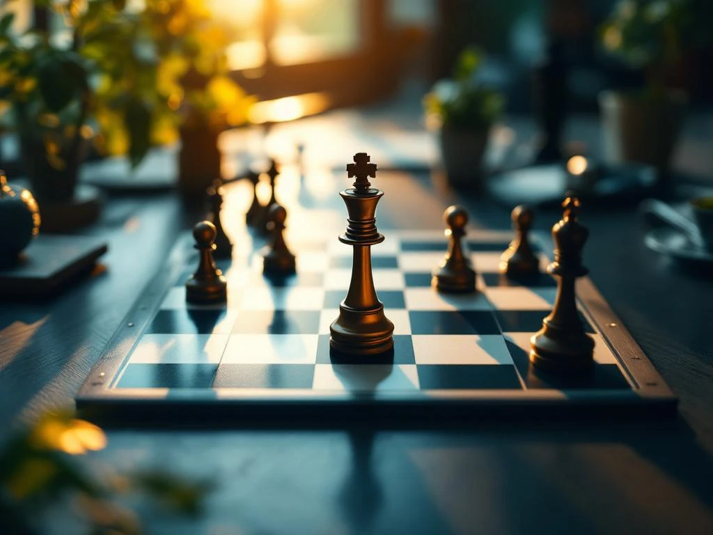 Schaakkoningin verlicht op bureau omringd door koningsstukken, met zen-tuin en teal-blauwe tinten voor werkplek wellness