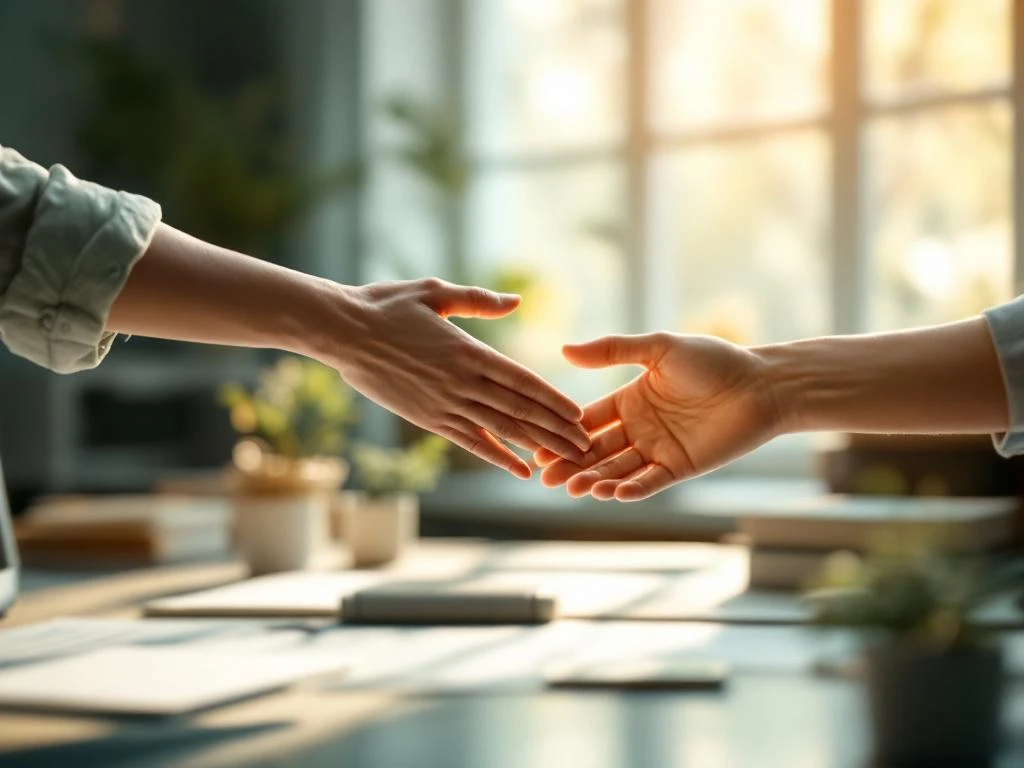 Twee handen reiken naar elkaar over een bureau in een modern kantoor, symboliserend verbinding en vertrouwen op het werk