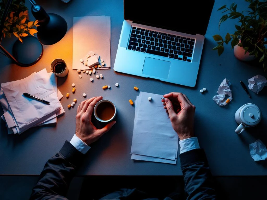 Gestresste handen grijpen bureau met gemorste koffie, pillen en laptop, symboliserend werkgerelateerde angst