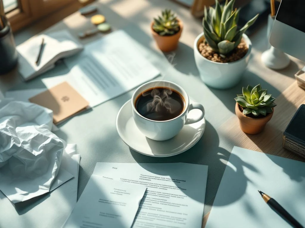 Bovenaanzicht van modern bureau met koffie, verkreukeld papier, stressbal en vetplant bij natuurlijk licht