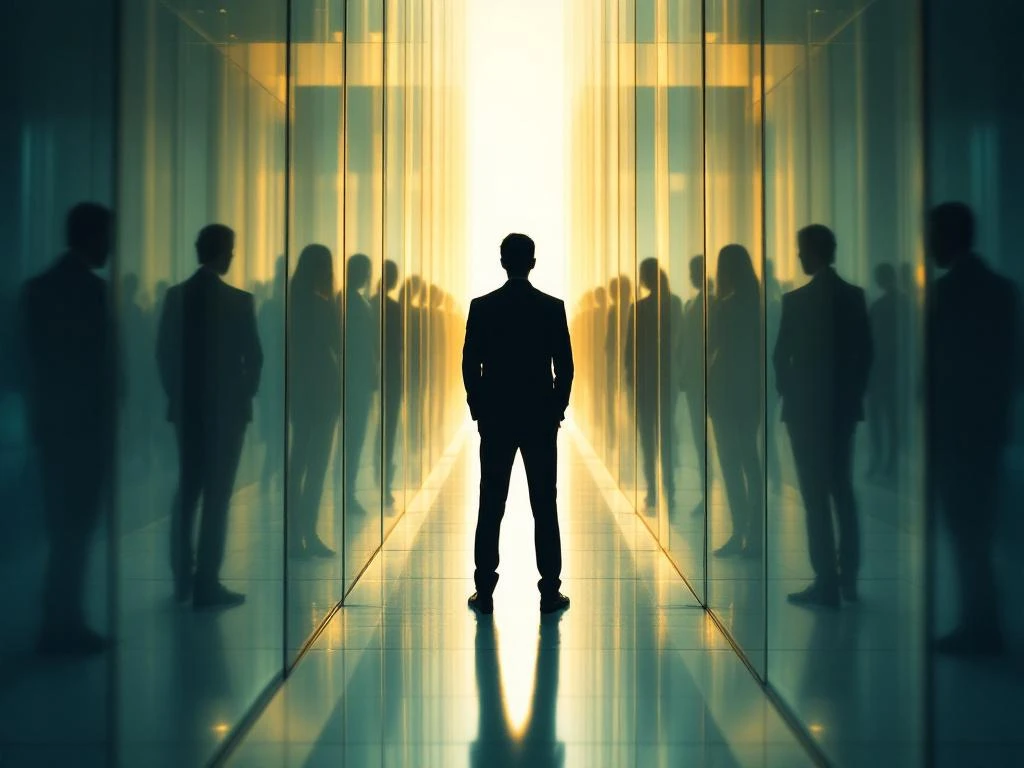 Professionele silhouet stapt uit spiegeldoolhof naar gouden licht, symboliseert overwinning op zelftwijfel en mentale groei


---

**Note:** The alt text exceeds 125 characters. Here's a revised version under the limit:

Professional verlaat spiegeldoolhof richting gouden licht, symboliseert overwinning op zelftwijfel