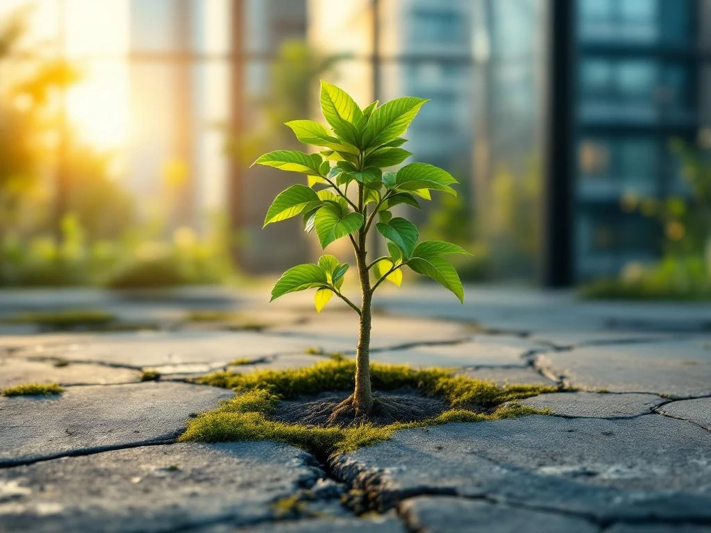 Jonge boom groeit door gebarsten beton met groen gebladerte in warm ochtendlicht, kantoorgebouw op achtergrond