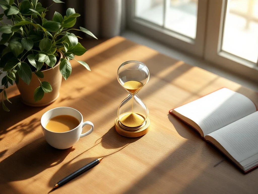 Zandloper met gouden zand op bureau omringd door plant, thee en dagboek voor coaching en welzijn