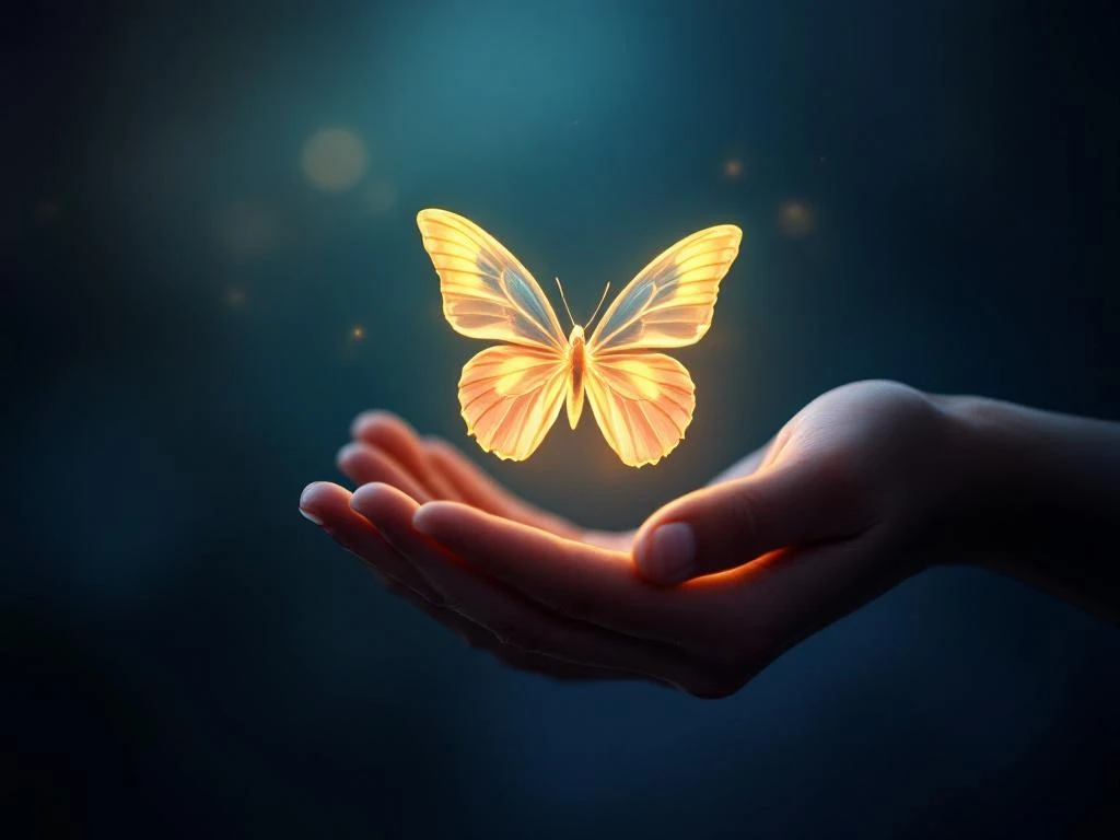 Twee handen reiken naar elkaar terwijl een lichtgevende vlinder wordt losgelaten, symbool voor groei en onafhankelijkheid