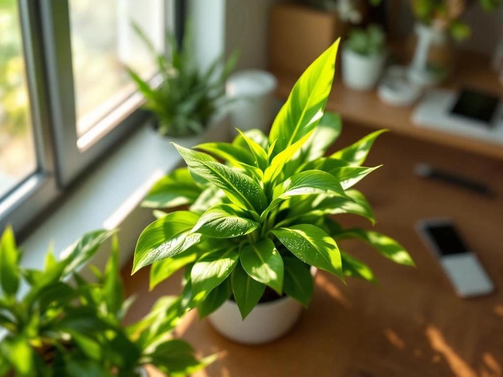 Weelderige groene kamerplant met dauwdruppels op bureau bij raam met natuurlijk zonlicht