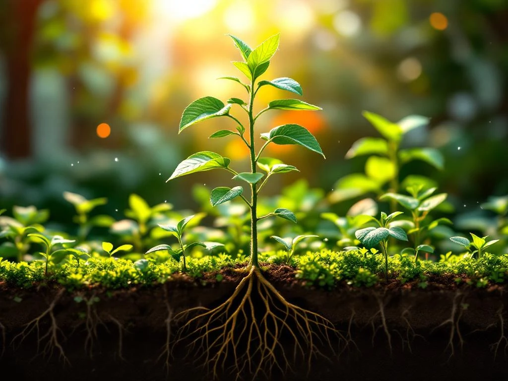 Bovenaanzicht van een weelderige binnentuin met centrale plant die kleinere planten ondersteunt, met zichtbare wortels