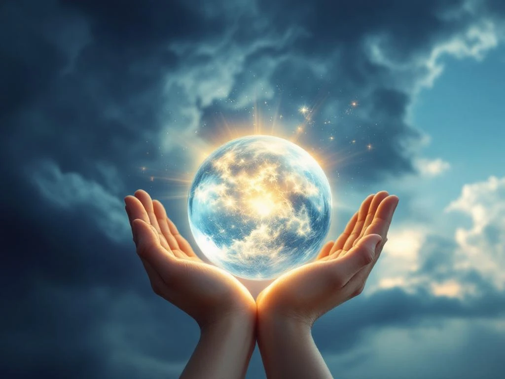 Handen houden gloeiende bol vast die innerlijke rust symboliseert, met stormwolken die oplossen in blauwe lucht