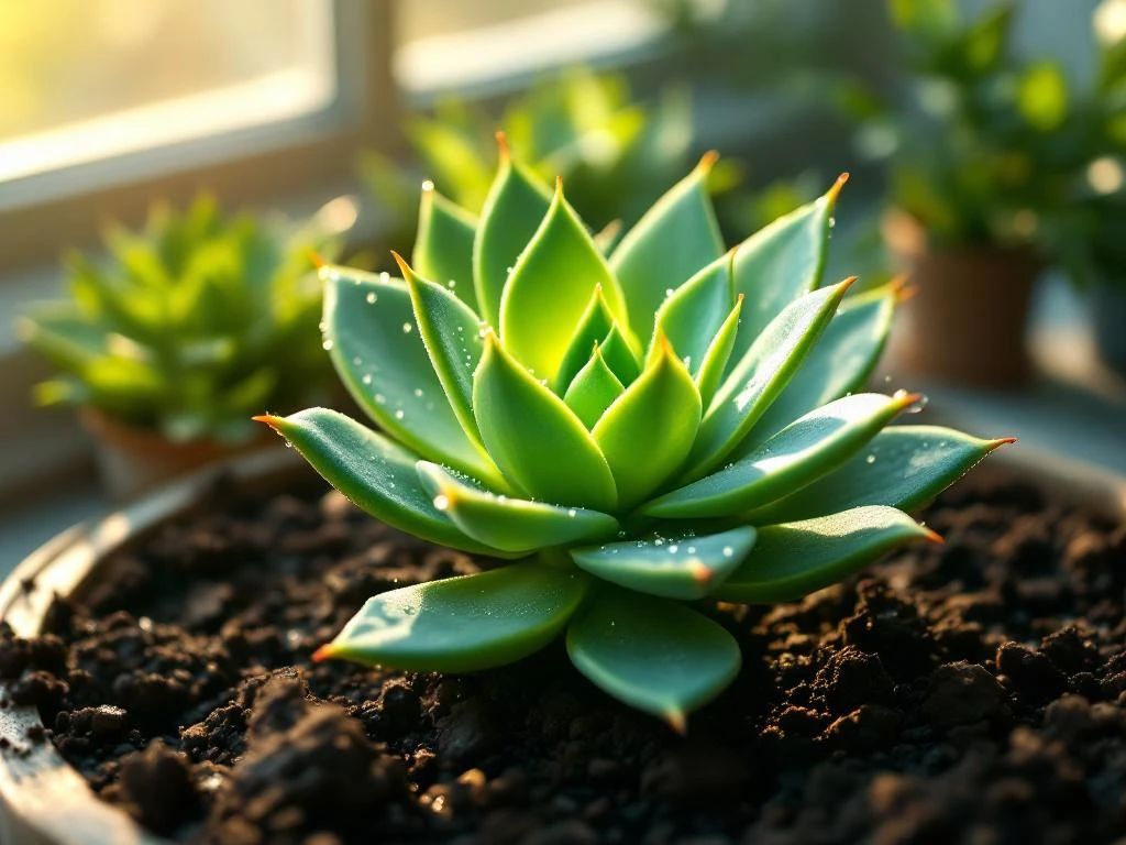Groene vetplant met waterdruppels op bladeren in ochtendlicht op werkplek, bovenaanzicht