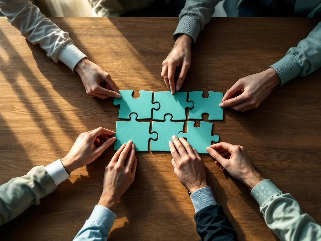 Professionele handen plaatsen puzzelstukken met coachingkwaliteiten op moderne vergadertafel, bovenaanzicht