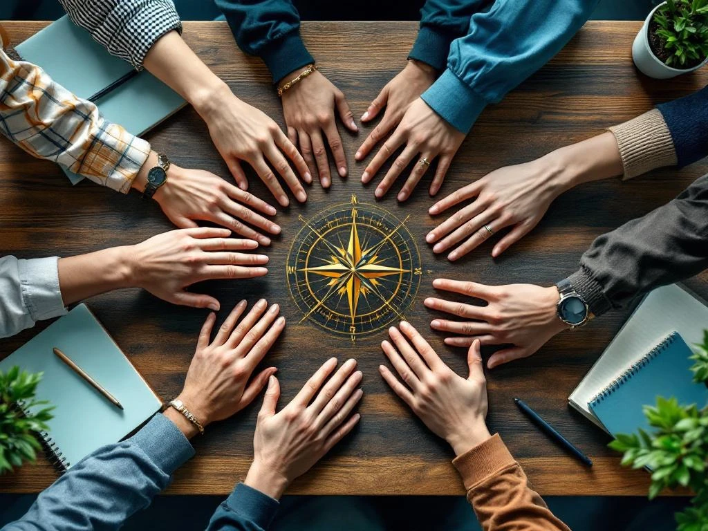 Diverse handen reiken naar verlichte kompas op bureau, symboliseert teamwerk, begeleiding en mentaal welzijn