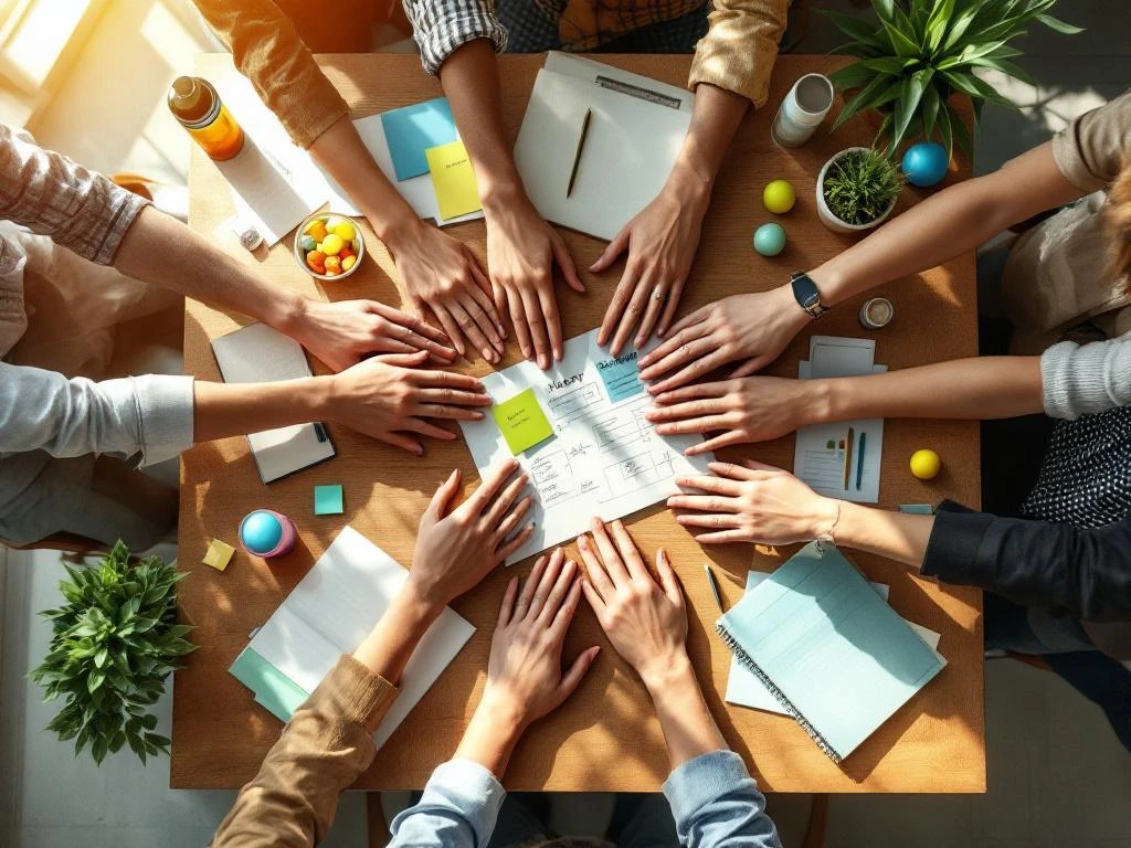 Diverse handen komen samen boven vergadertafel met planten, gezonde snacks en wellness items in natuurlijk licht