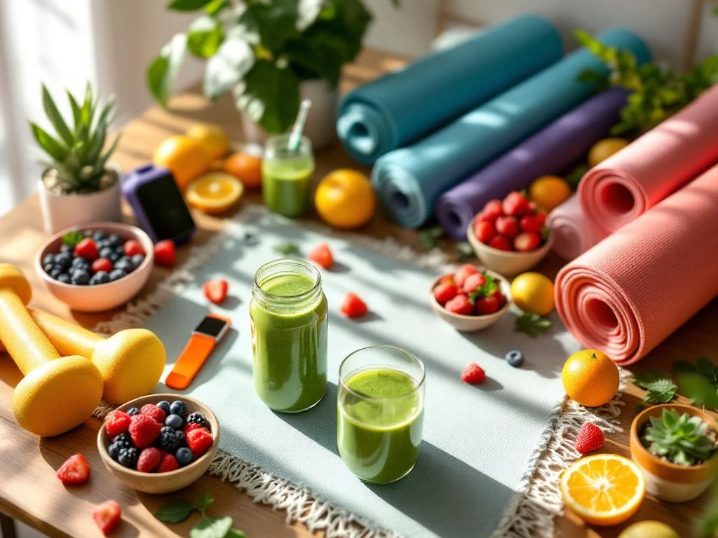 Groene smoothies en vers fruit op bureau met yogamat, halters en wellness accessoires in natuurlijk ochtendlicht