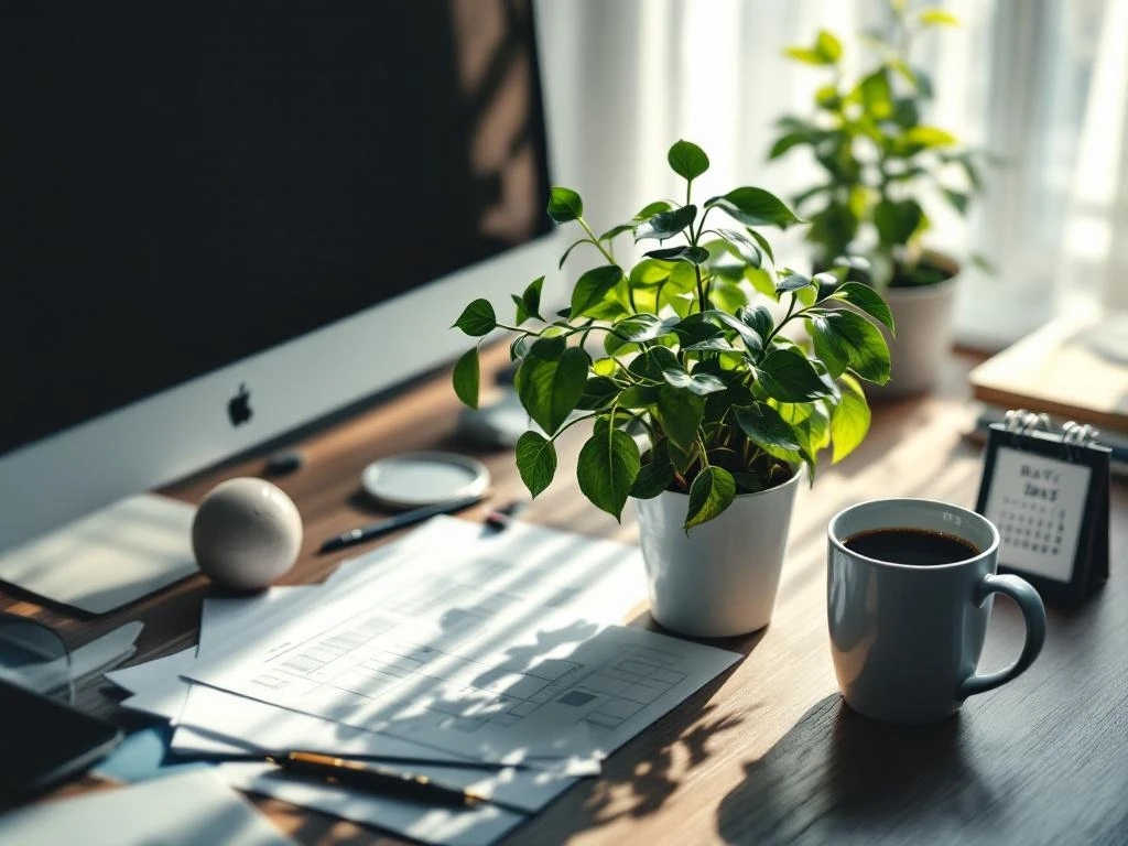 Verwelkte kantoorplant met hangende bladeren naast koude koffie op bureau, symbool voor lage werkenergie.