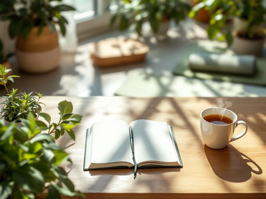 Bovenaanzicht van wellness werkplek met houten bureau, dagboek, kruidenthee, planten en yogamatten op achtergrond