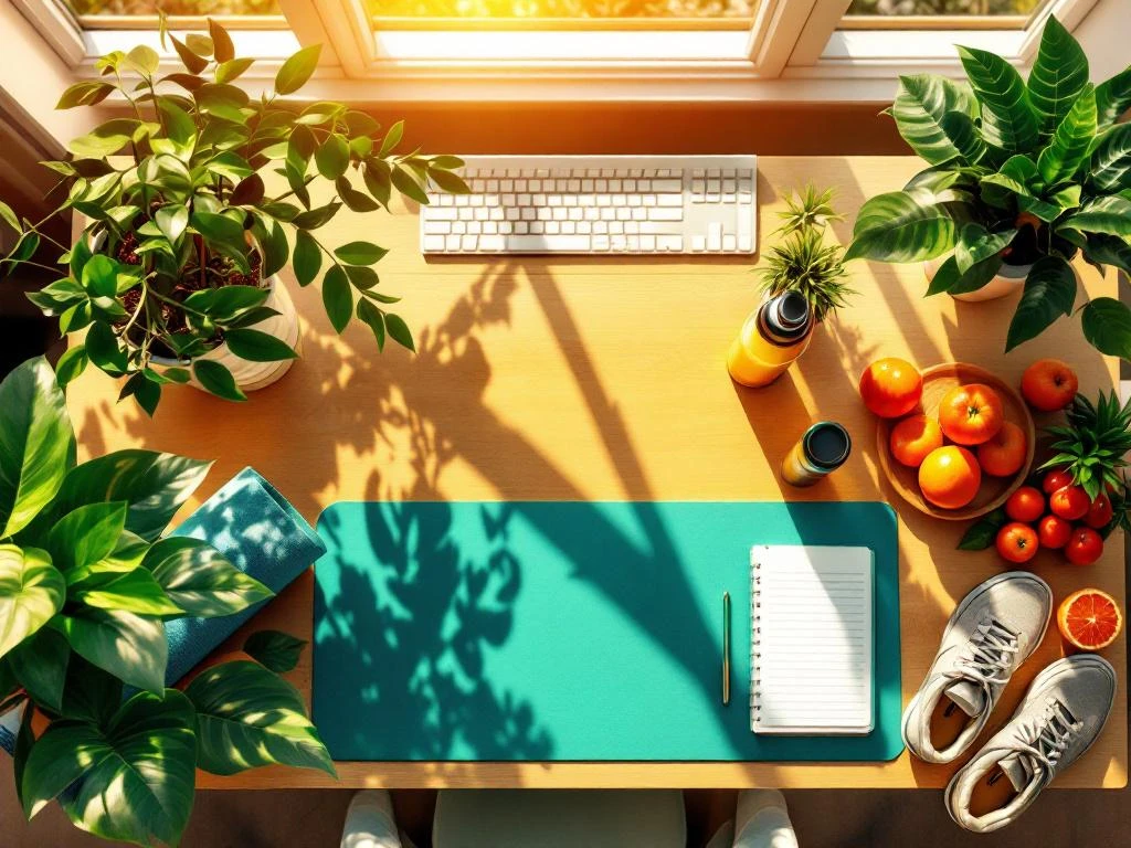 Bureauopstelling met yogamat, hardloopschoenen, fruit, planten en wellness-dagboek in natuurlijk zonlicht