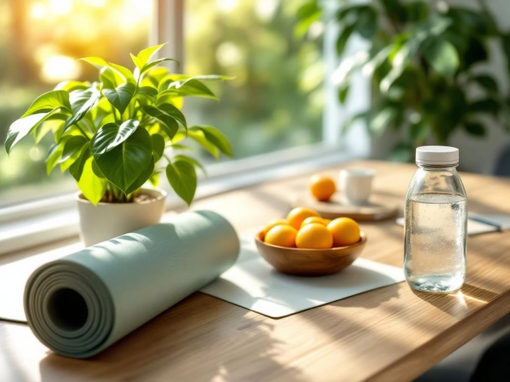 Moderne werkplek met groene plant, yogamat, vers fruit en waterfles in natuurlijk ochtendlicht