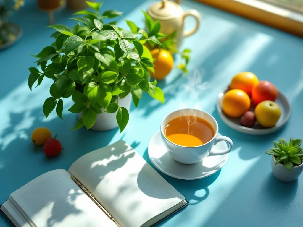 Bureautafel met groene plant, kruidenthee en fruit in natuurlijk ochtendlicht voor mentaal welzijn en vitaliteit