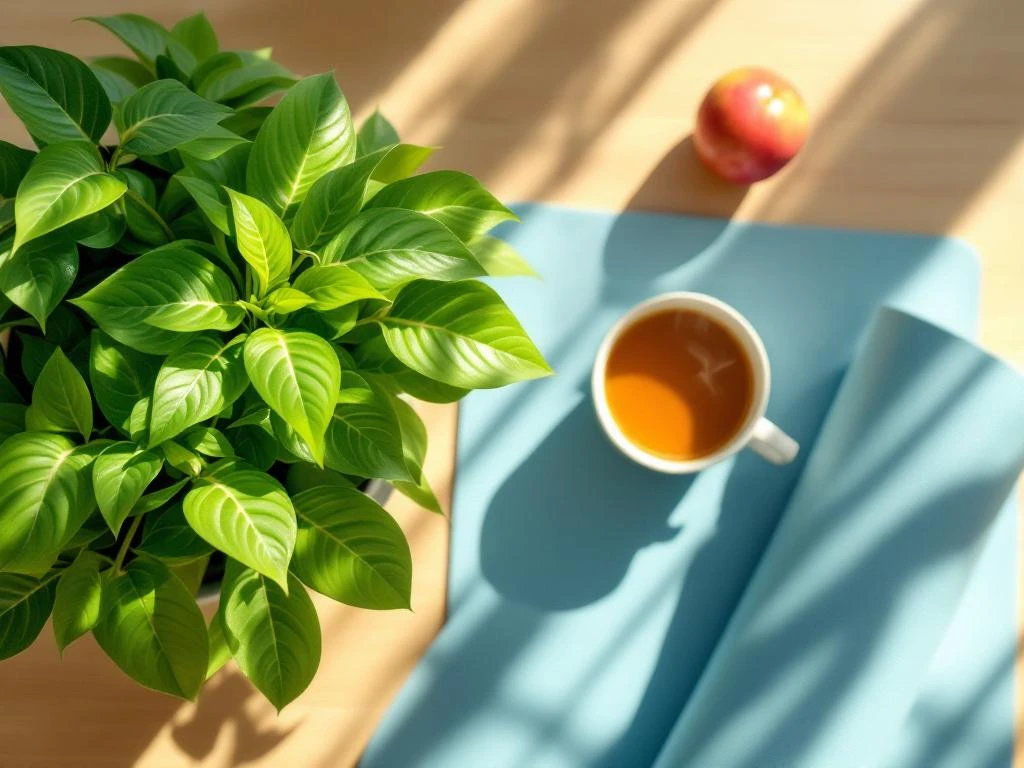 Groene plant, kruidenthee en yogamat op bureau met natuurlijk zonlicht voor welzijn op kantoor