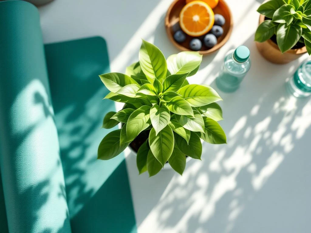Groene plant op modern bureauoppervlak met yogamat, fruit en water in natuurlijk ochtendlicht