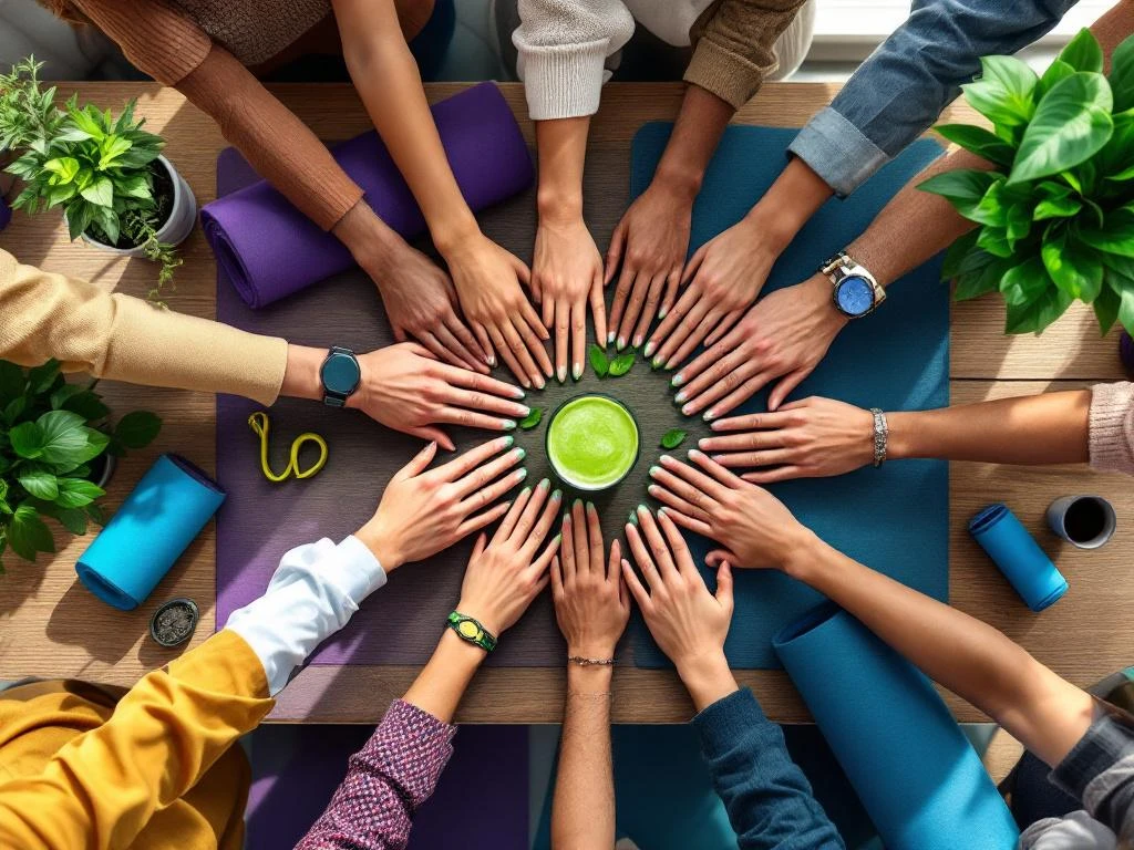 Diverse handen reiken samen boven tafel met groene smoothies, yogamatten en planten in modern kantoorwellnesscentrum