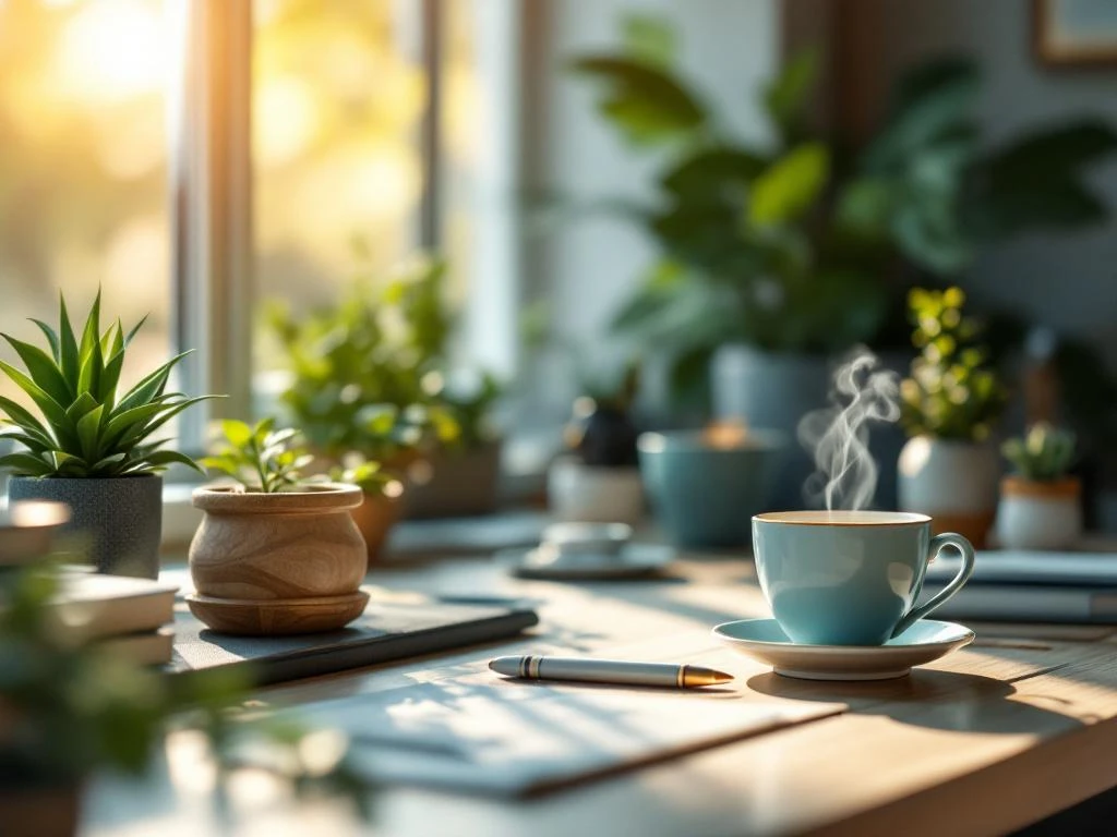 Rustig bureauopzicht met plant, thee en zentuintje in natuurlijk licht voor werkplek welzijn en stresspreventie