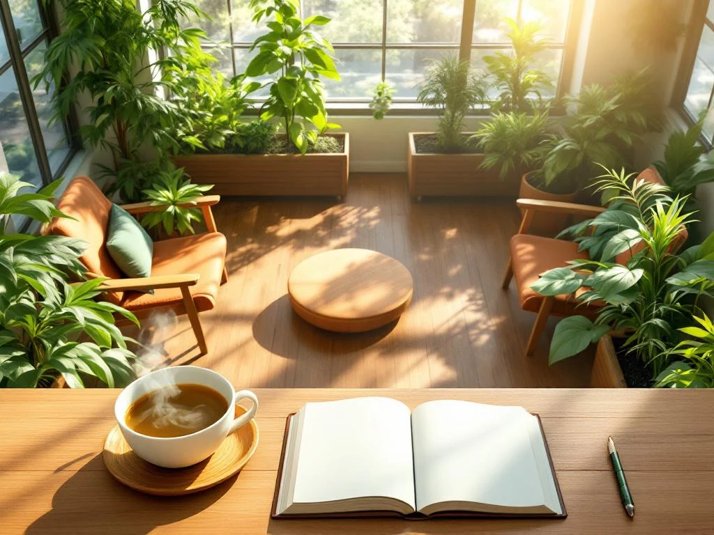 Moderne kantoorwellnessruimte met binnenplanten, ergonomische zitplaatsen en kruidenthee op bamboe tafel