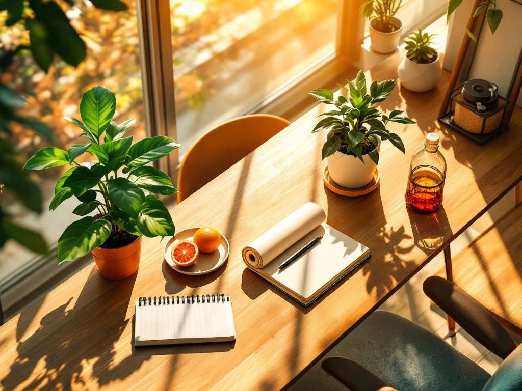 Modern bureau met groene plant in ochtendlicht, waterfles, fruit en notitieboek voor welzijn op het werk