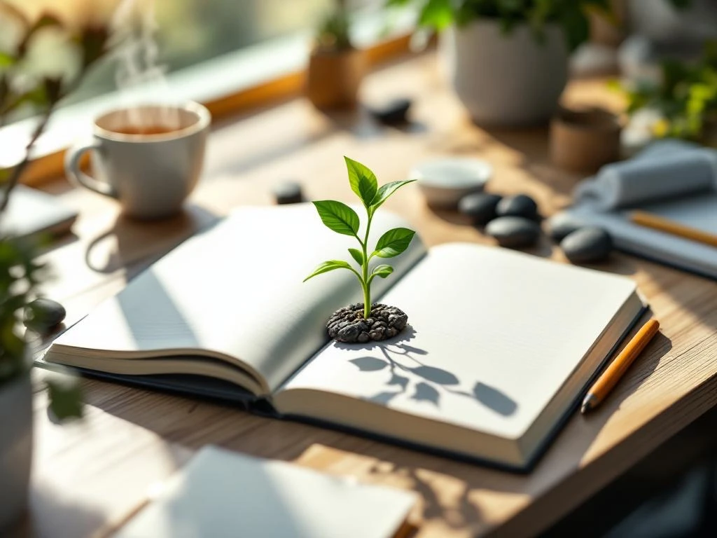 Wellness-dagboek met groene plant op modern bureaumeubel, omringd door kruidenthee en rivierkeien in natuurlijk licht.