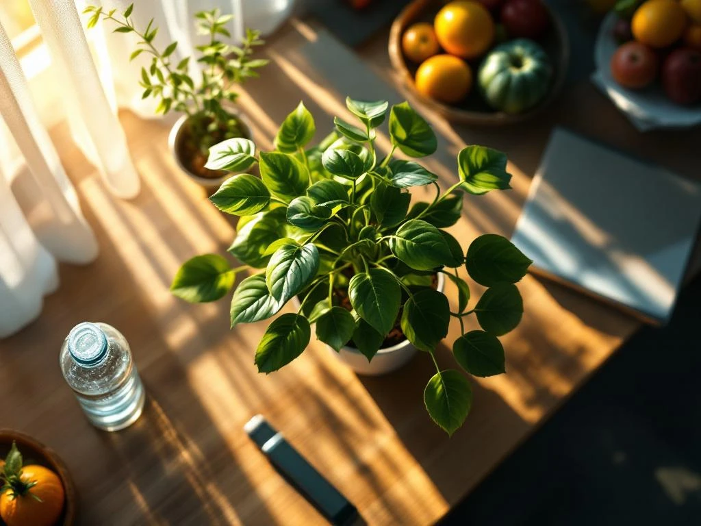 Groen plantje op modern bureauoppervlak met waterfles, fruit en natuurlijk zonlicht voor welzijn op het werk