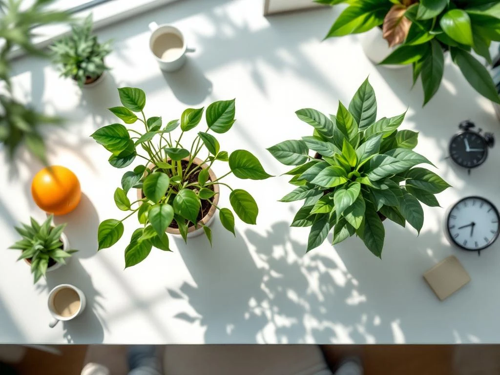 Twee planten op bureau, één gezond en één verwelkt, met wellness items en klok die late uren toont in natuurlijk licht.