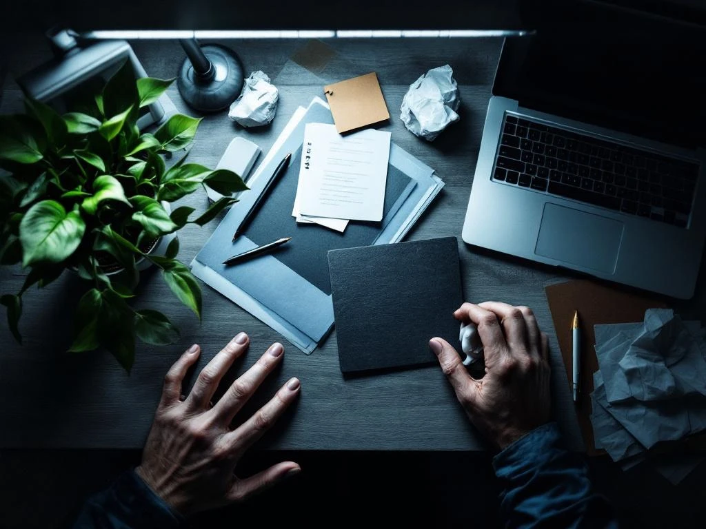 Uitgeputte handen grijpen bureaurand vast, omringd door verwelkte plant, koude koffie en verkreukeld papier op werkplek