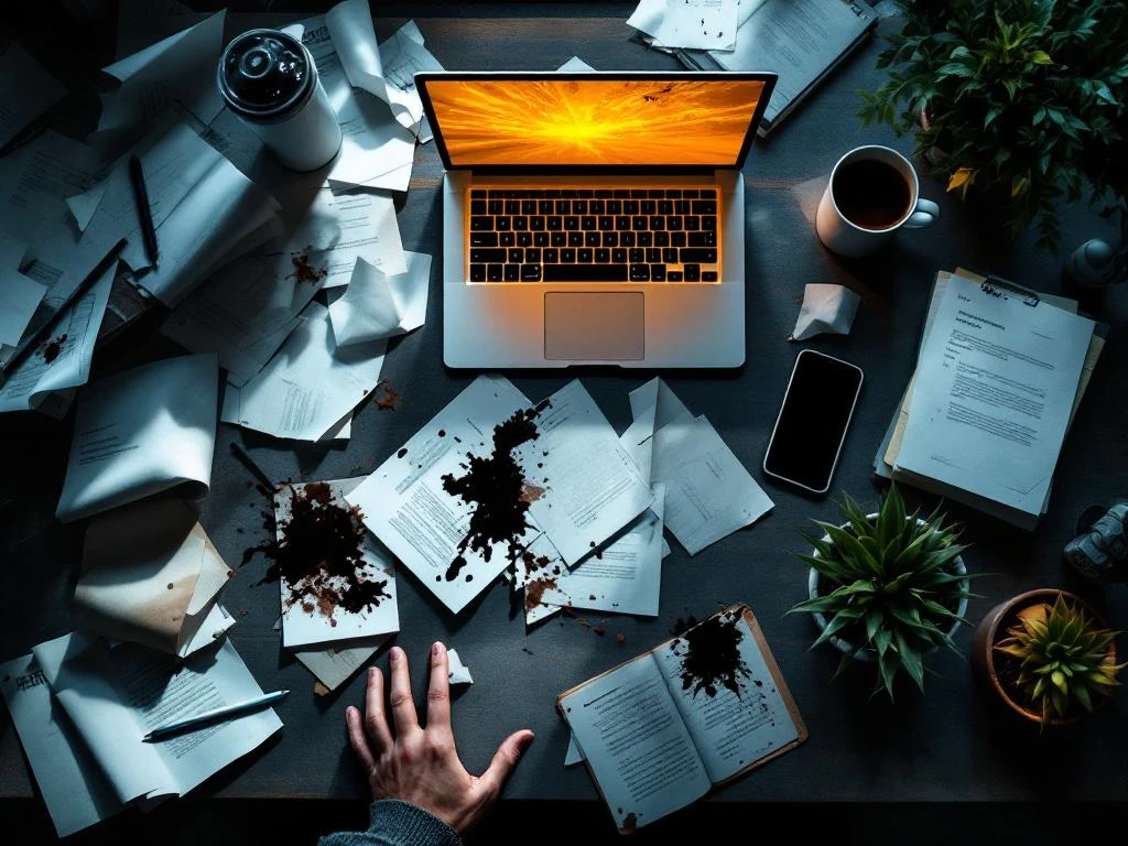Chaotisch bureau met omgevallen koffie en verwelkte plant naast rustige hoek met groene vetplant, symboliseert burn-out preventie