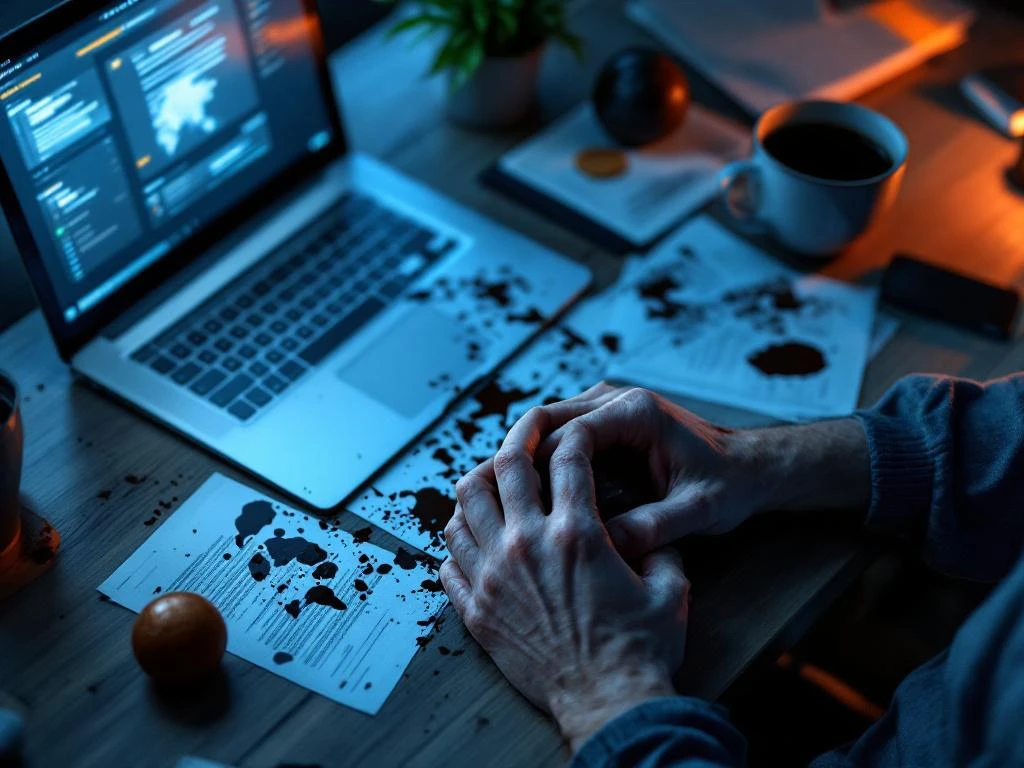 Gestrest persoon grijpt bureaurand met witte knokkels, omringd door laptop, gemorste koffie en chaotische papieren