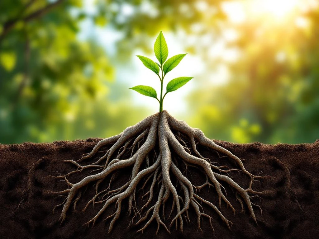 Sterke boomwortels met groene scheuten in vruchtbare grond, symbool voor veerkracht en groei op de werkvloer