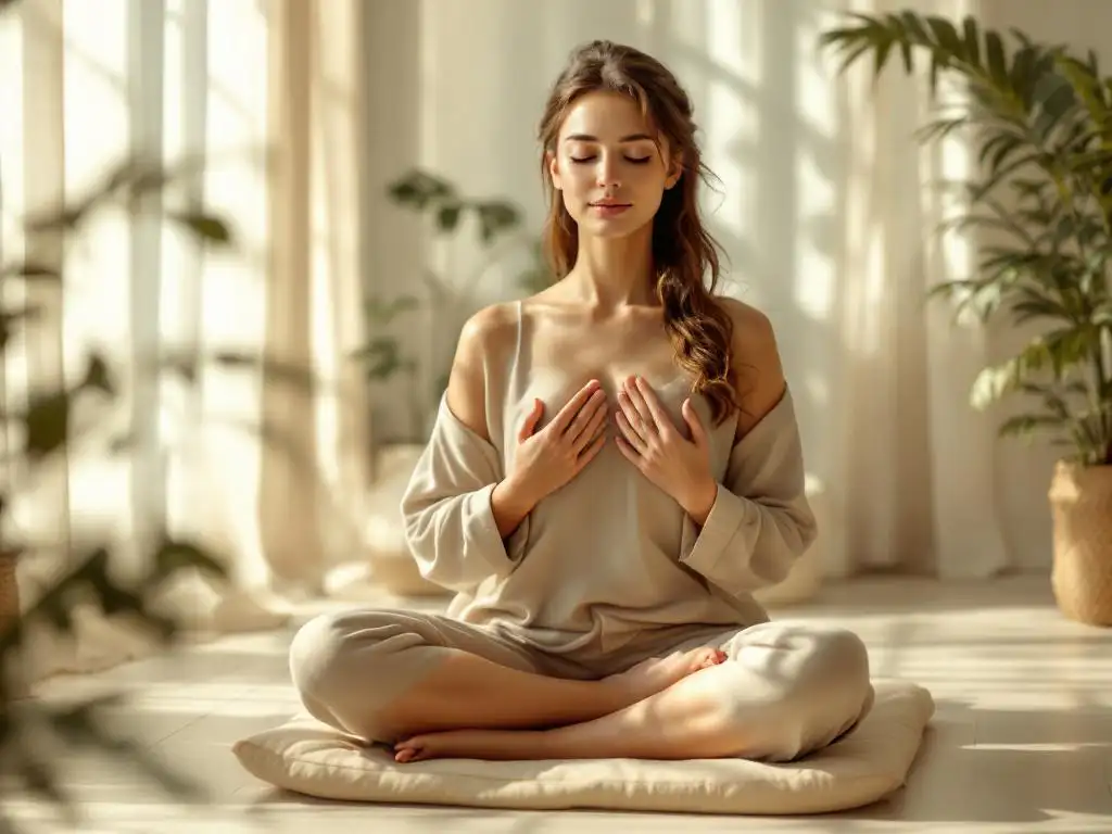 Persoon met gesloten ogen in meditatiehouding, handen op borst, zittend op crème kussen bij warm natuurlijk licht